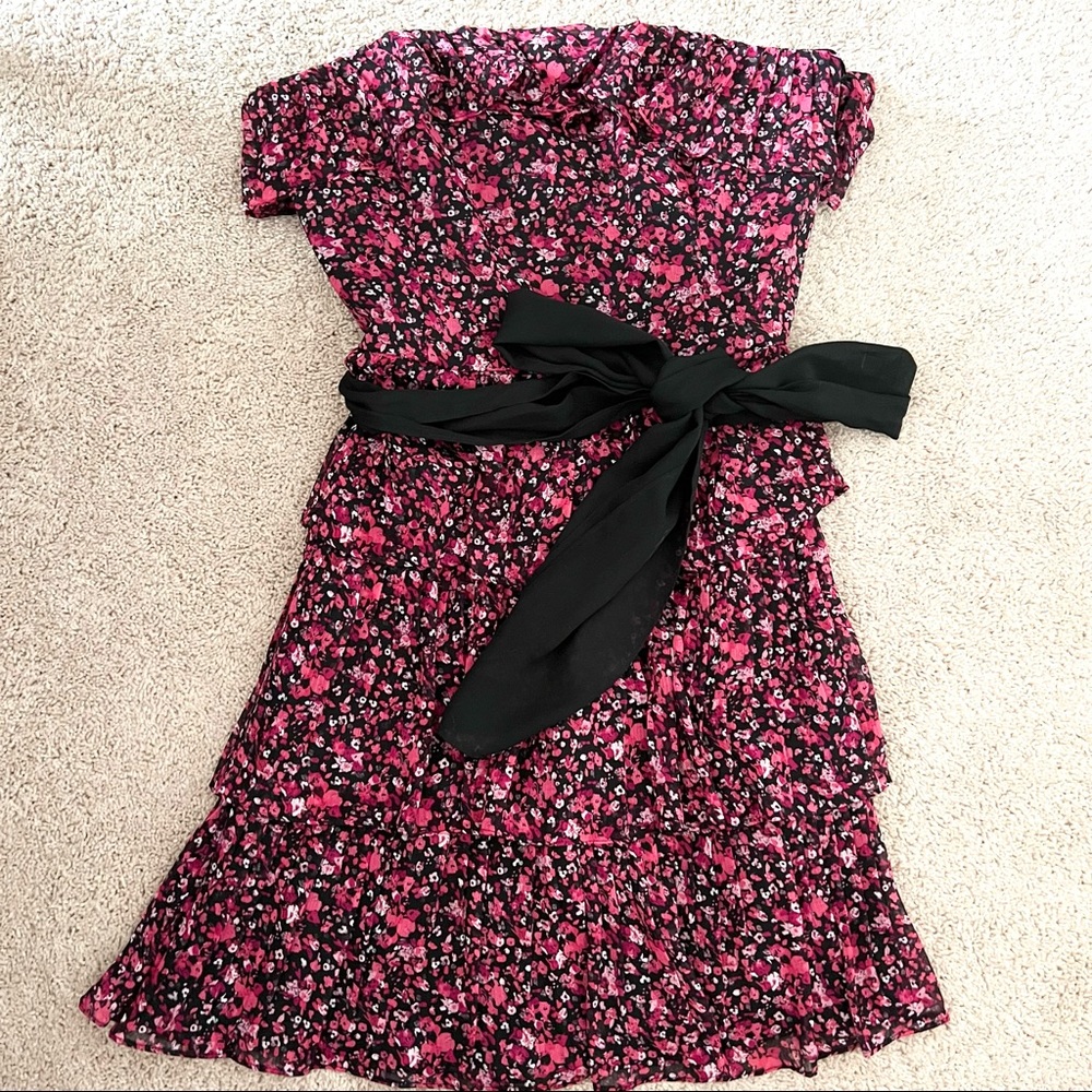 White House Black Market | Floral Confetti Ruffle Strapless Dress with Tie Waist